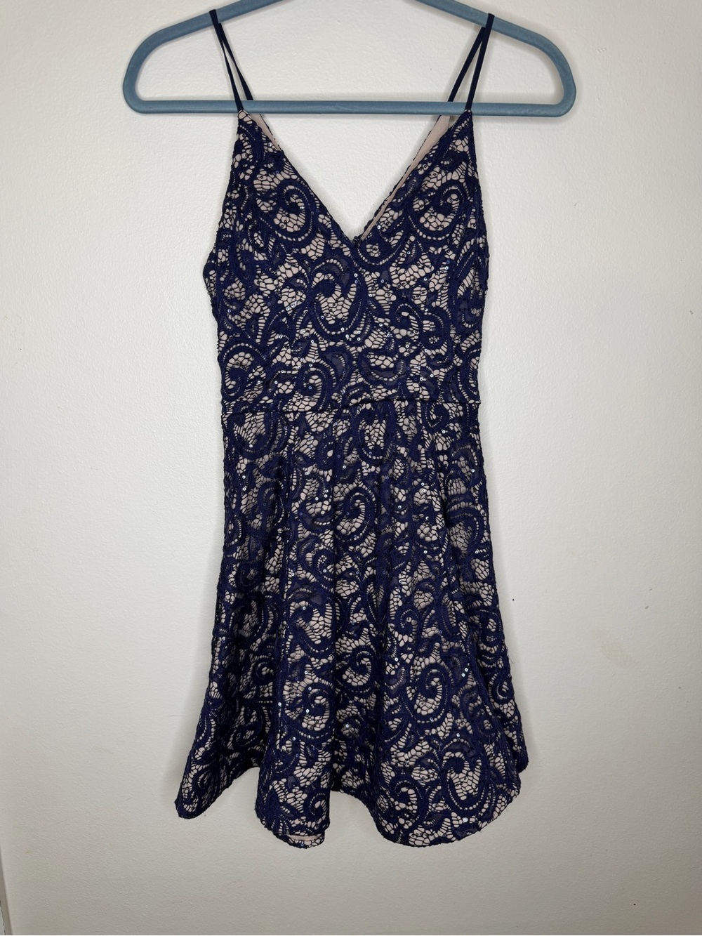 Sequin Hearts Navy and Nude Lace V-Neck Dress